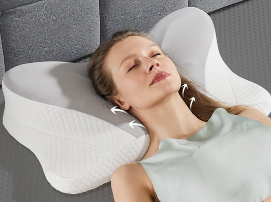 Woman sleeping with a neck pillow on a bed, with text about improving sleeping position and sleep quality.